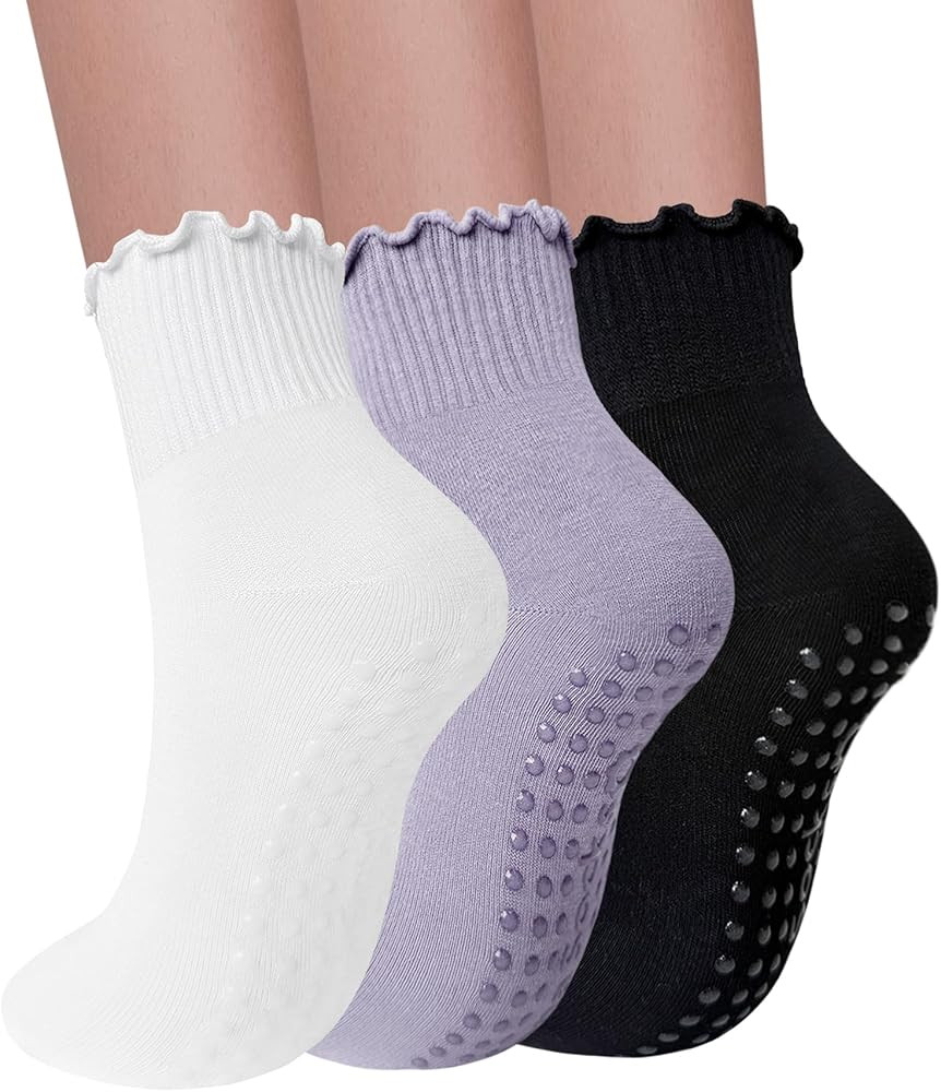 3 Pairs Pilates Socks with Grips for Women Non Slip Grip Ruffle Yoga Ankle Grippy Socks | Amazon (US)