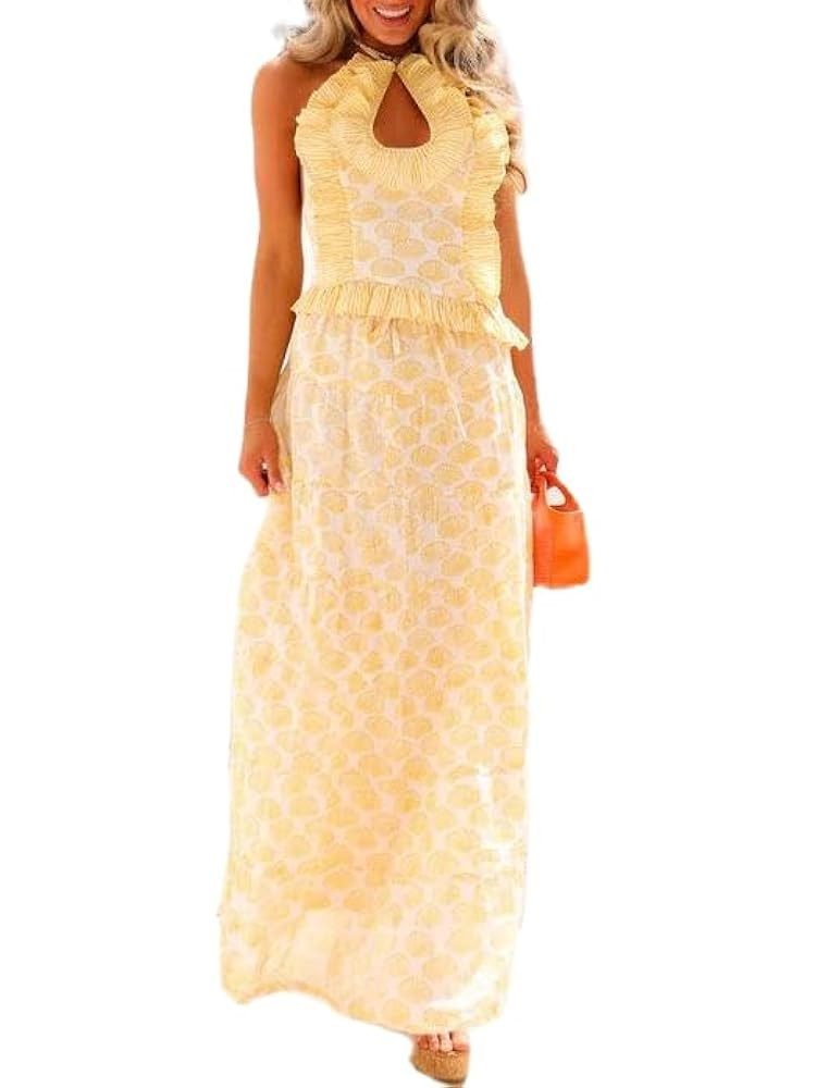 Women Y2k Ruffle Skirt Set Boho Floral Print Halter Tank Top Flowy Maxi Skirt Outfit Going Out St... | Amazon (US)