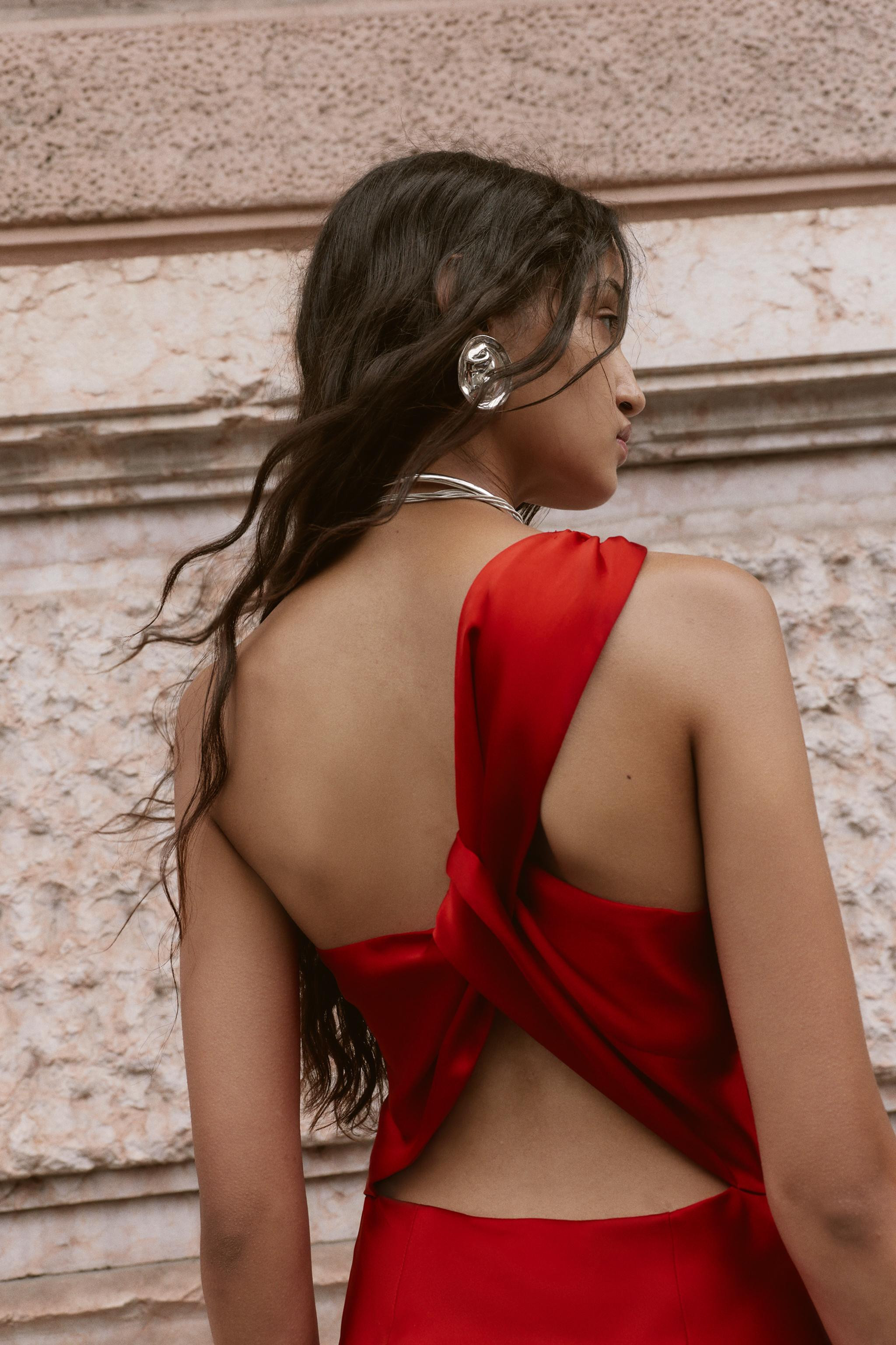 ASYMMETRIC SATIN EFFECT MIDI DRESS | Zara US