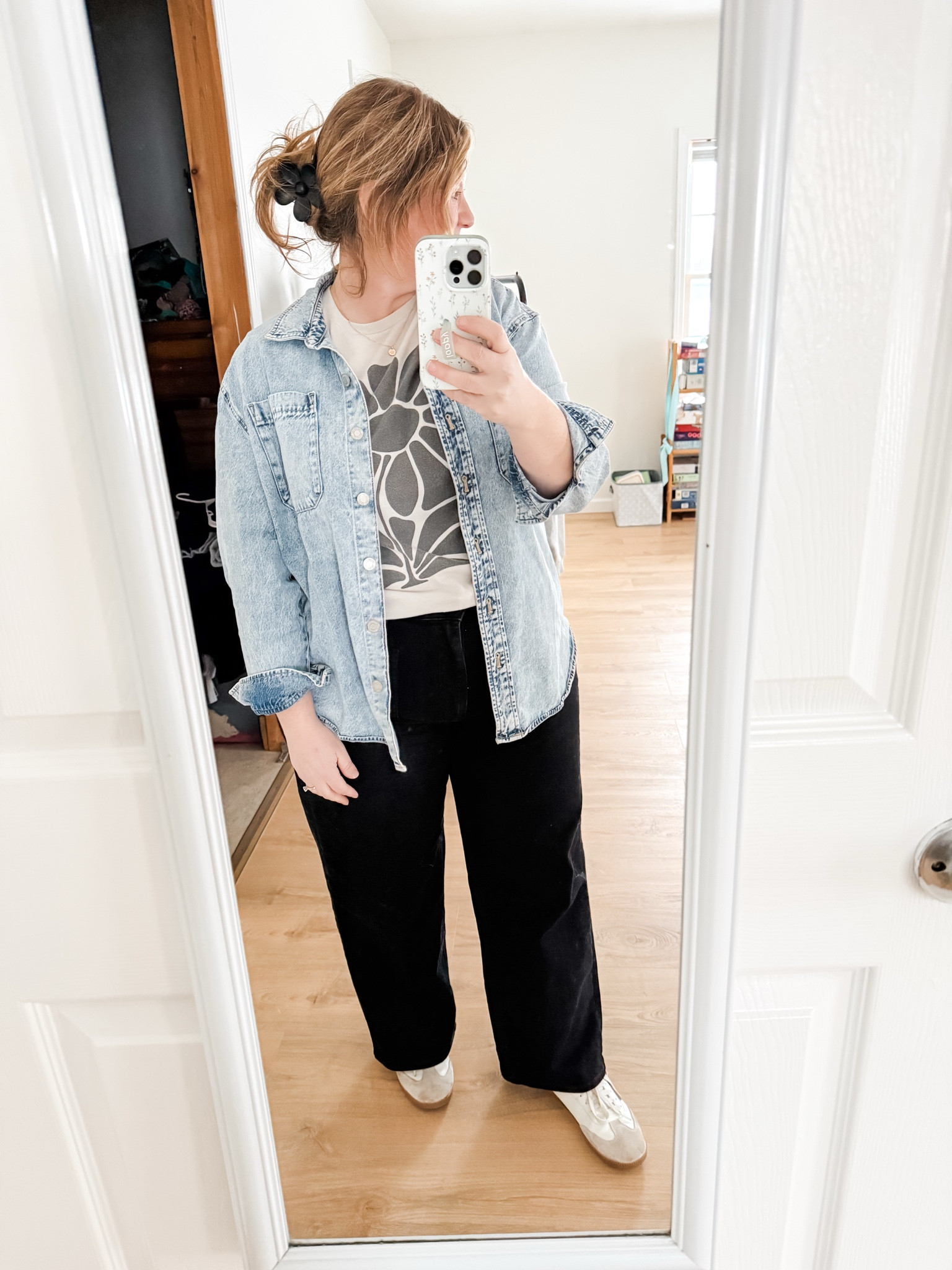 Teacher outfit! Wearing a large in my graphic tee - use code STEPHSHARES20 to save.  Loveee these black denim pants from Quince. Wearing a 32. Denim
Shirt is older so linked similar

#LTKMidsize #LTKWorkwear #LTKBump