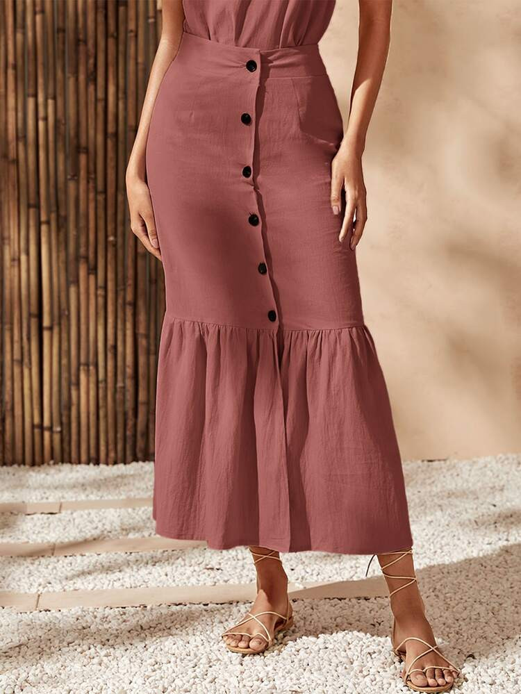 Button Front Ruffle Hem Skirt | SHEIN