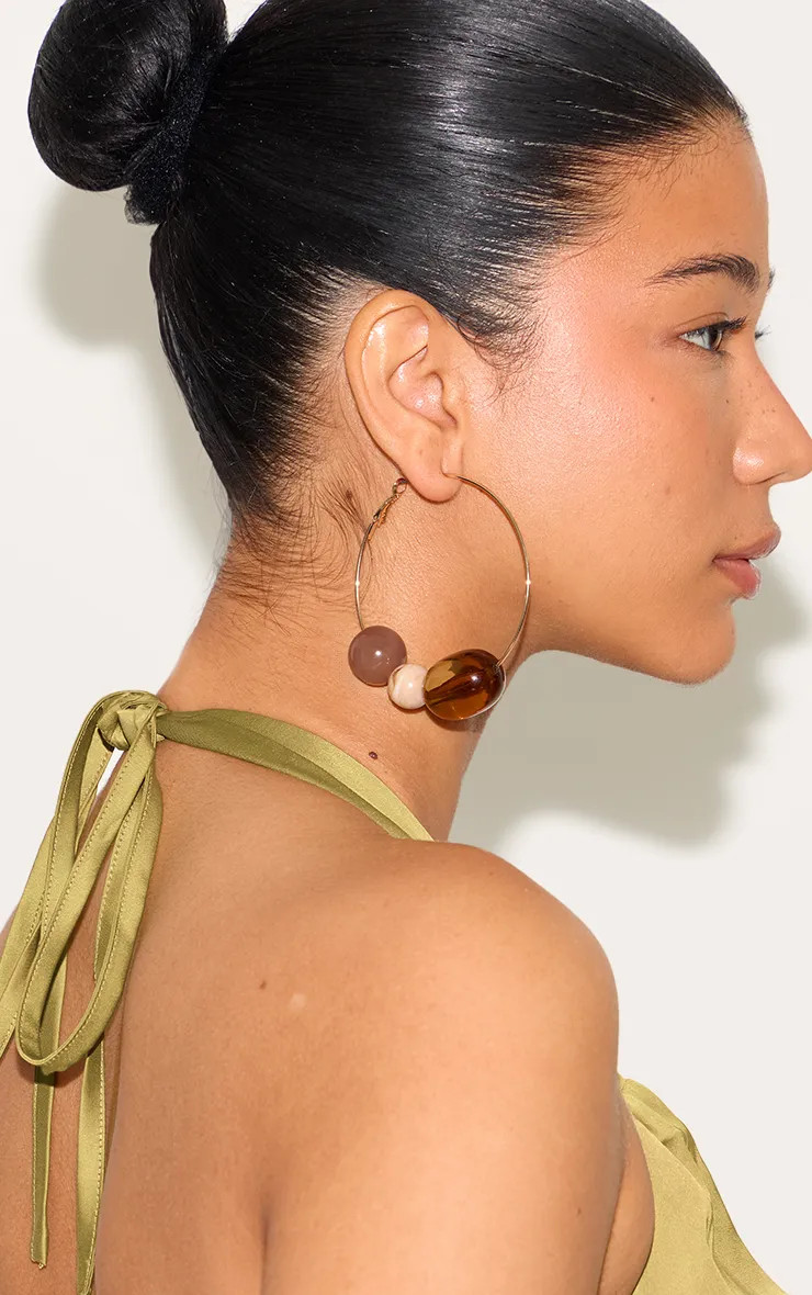 Brown Beaded Large Hoop Earrings | PrettyLittleThing UK