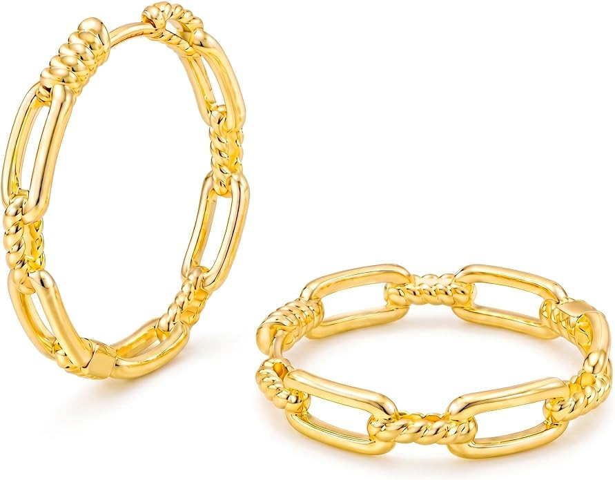 14K Gold Hoop Earrings for Women, Lightweight Chain Link Round Hoop Earrings with Twisted Rope De... | Amazon (US)