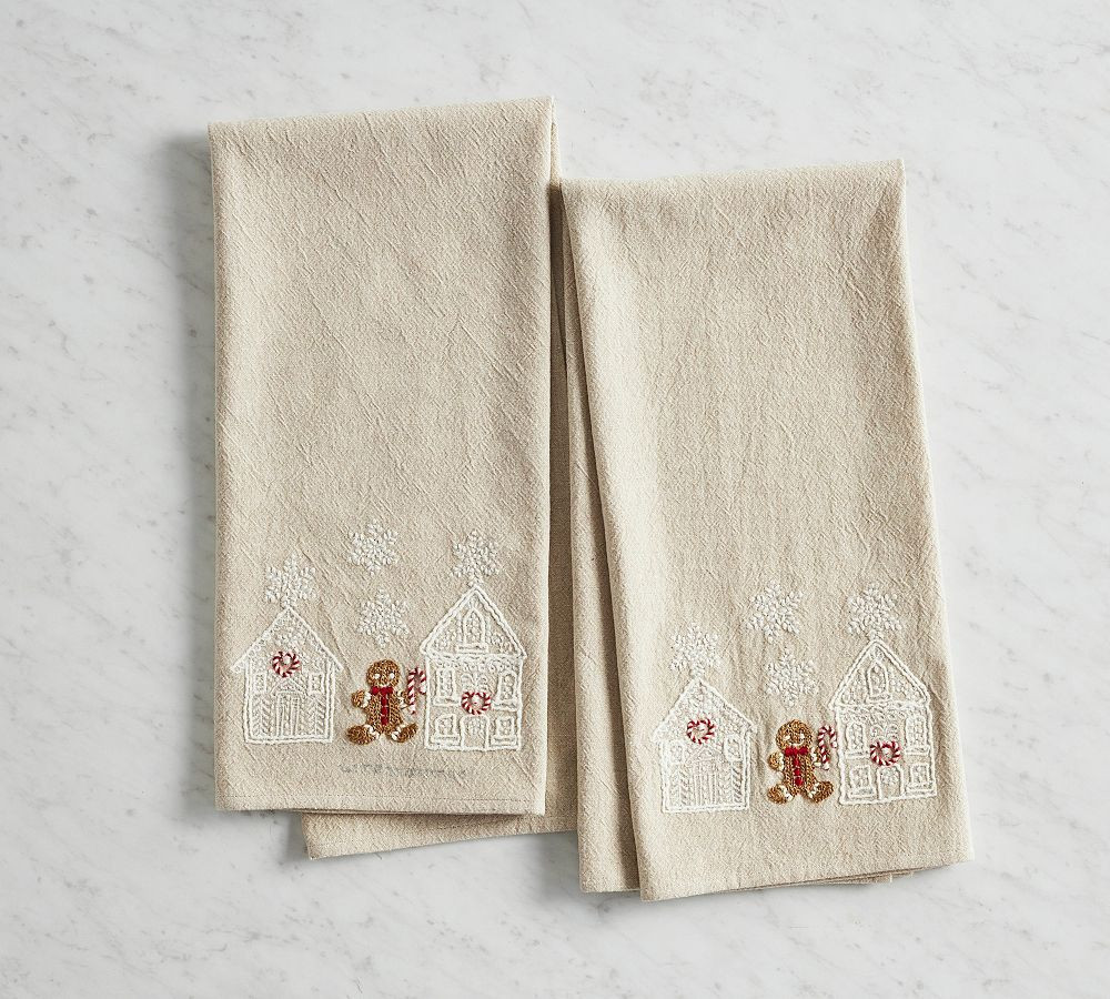 Gingerbread Village Embroidered Tea Towels, Set of 2 - Neutral | Pottery Barn (US)