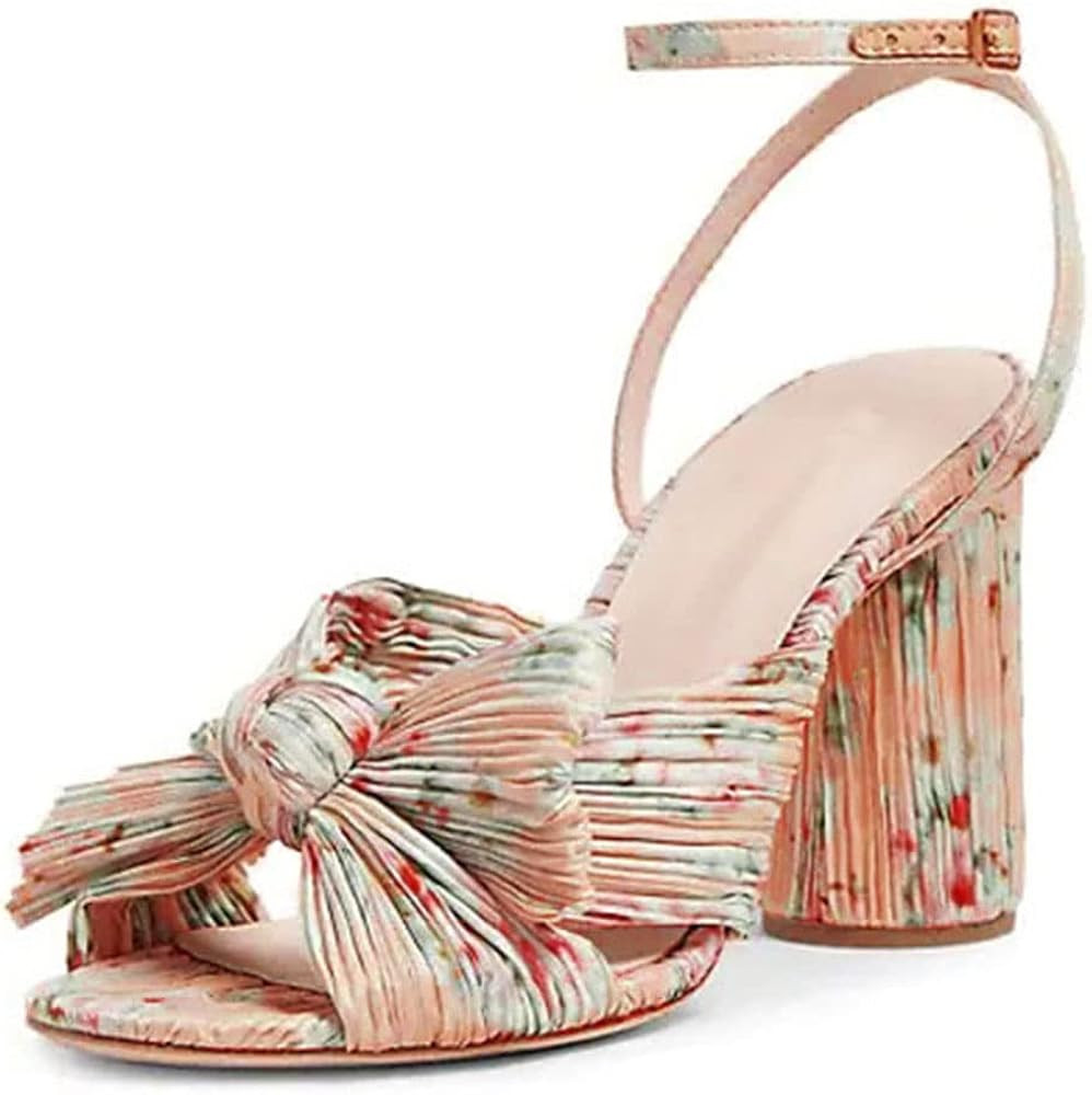 Vimisaoi Womens High Block Chunky Heel Sandals Fashion Open Toe Ankle Buckle Strap Pleated Bow Heel  | Amazon (US)