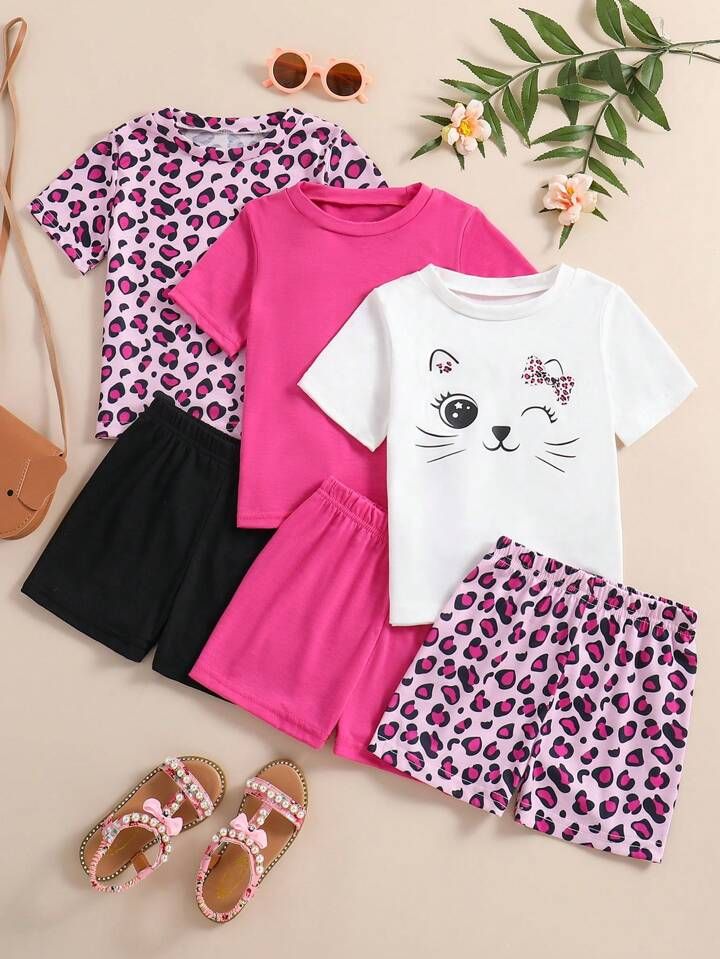 SHEIN Young Girl's Summer Cat & Leopard Print Cute Round Neck T-Shirt, Shorts & Casual Three-Piec... | SHEIN