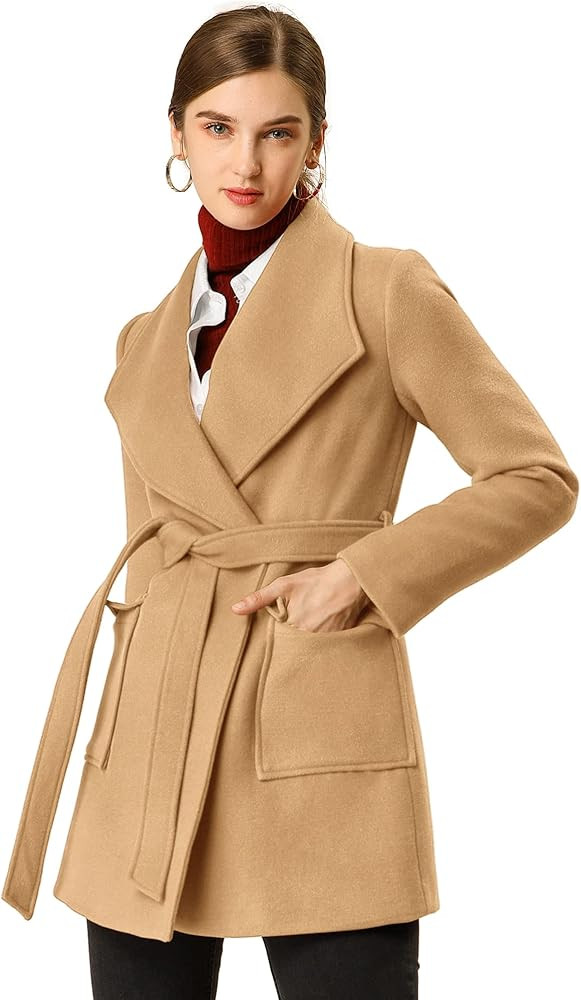 Allegra K Women's Winter Wrap Coat Turndwon Collar Christmas Long Sleeve Tie Belt Coat with Pocke... | Amazon (US)