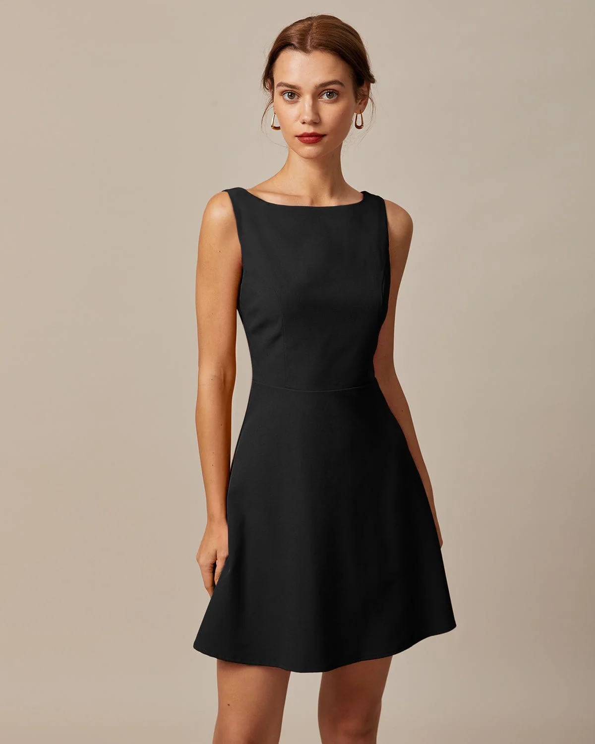 The Black Boat Neck High Waisted Mini Dress - Boat Neck Sleeveless A Line Backless Mini Dress - B... | rihoas.com