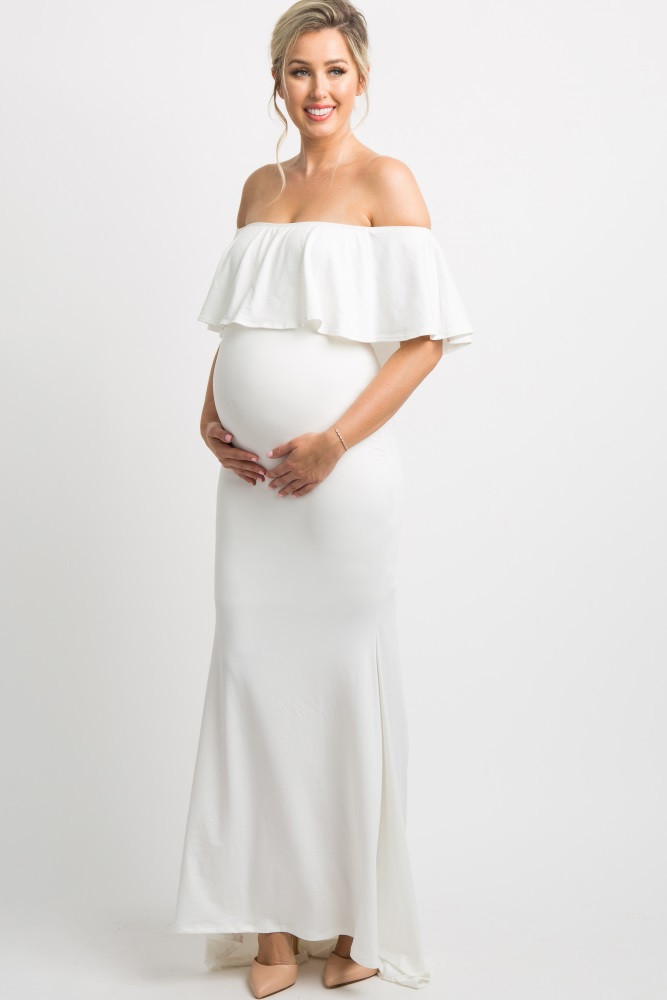 PinkBlush Ivory Ruffle Off Shoulder Mermaid Maternity Photoshoot Gown/Dress | PinkBlush Maternity