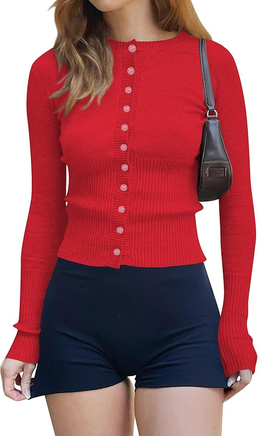 Cioatin Women Button Down Long Sleeve Crop Cardigan Y2K Crew Neck Fit Knit Sweater Pullover Shirt... | Amazon (US)
