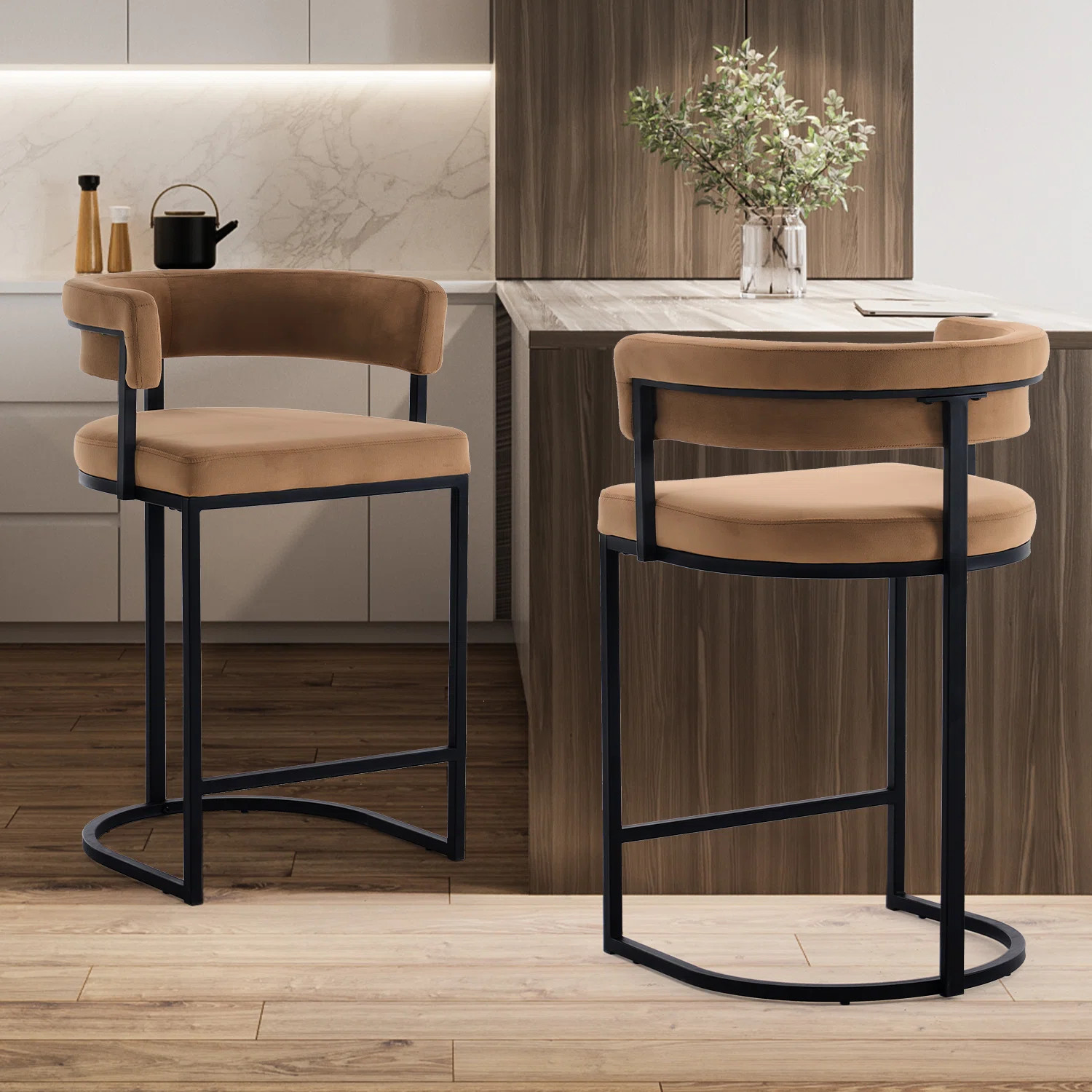 Modern Velvet Bar Stools With Barrel Backrest, Upholstered Seat, And Metal Footrest – 25.6-inch... | Wayfair North America