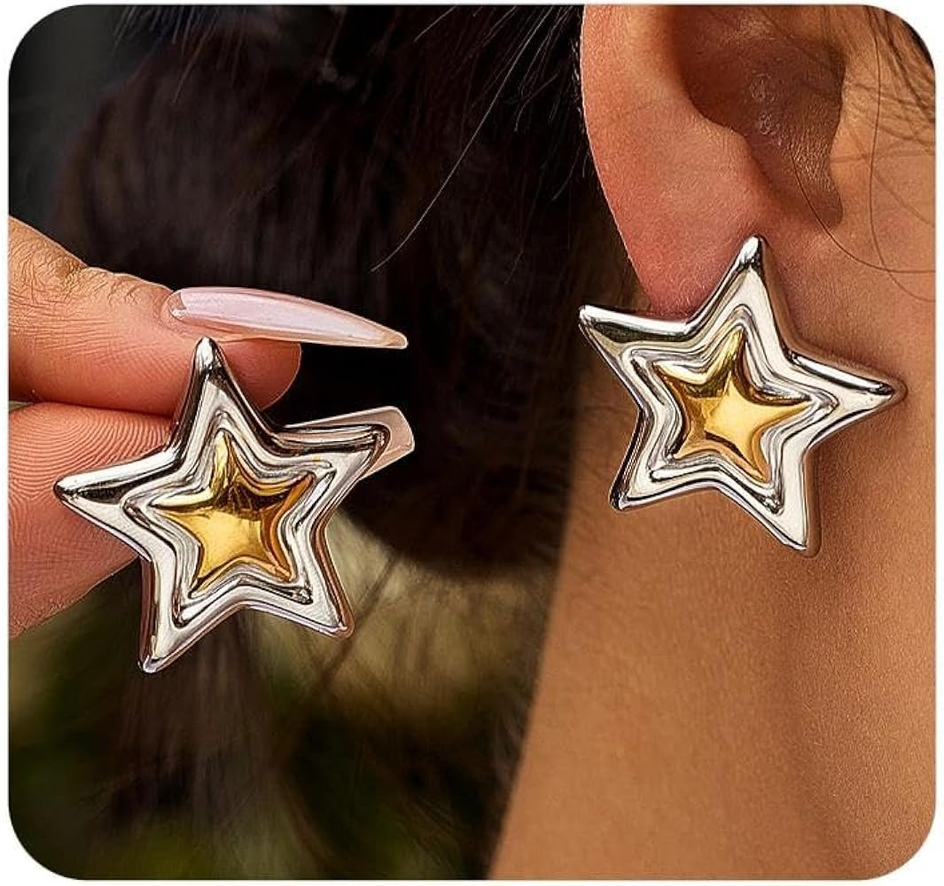 Two Tone Mix Metal Earrings,Stainless Steel Gold Star Statement Earrings for Women,Twist Wave Squ... | Amazon (US)