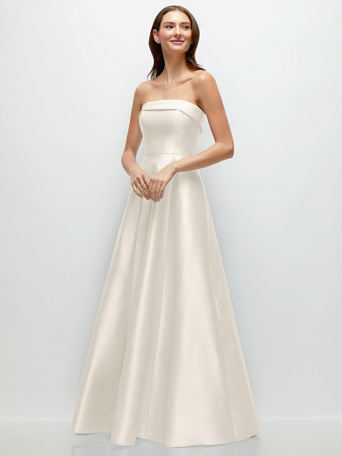 Strapless Bias Cuff Bodice Satin Gown with Pockets in Ivory | The Dessy Group