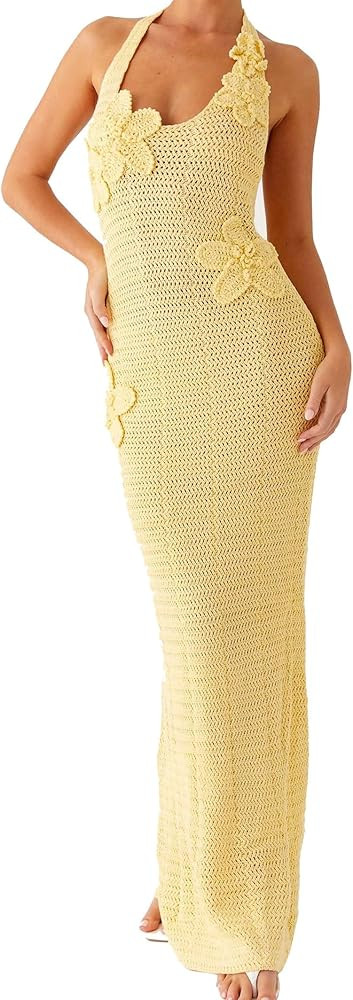 Women Knit Halter Maxi Dress 3D Flower Bodycon Long Dress Sexy Spaghetti Strap Tie Backless Cockt... | Amazon (US)