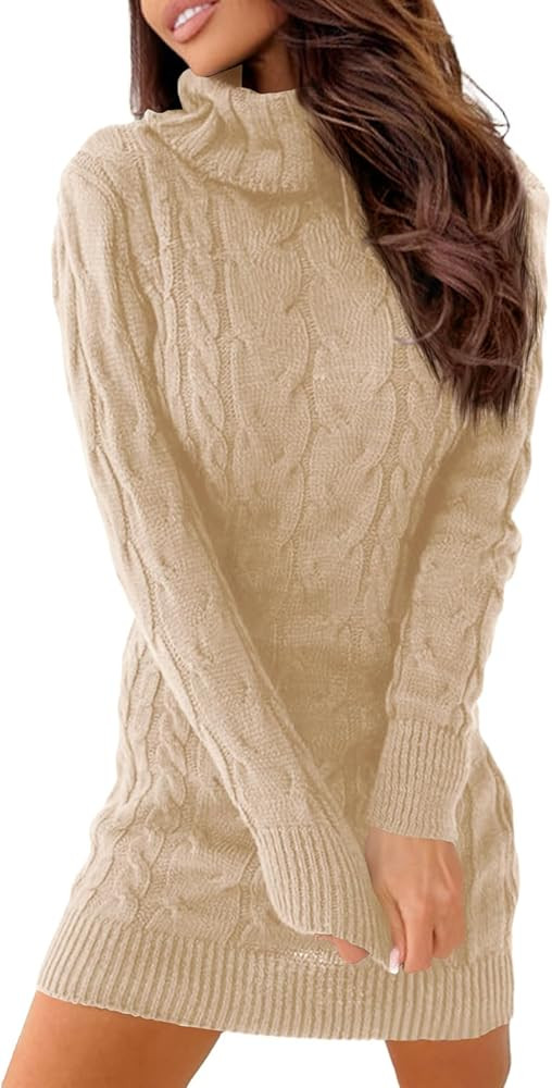 Langwyqu Womens Cable Knit Sweater Dress Sexy Long Sleeve Bodycon Turtleneck Mini Fall Sweaters D... | Amazon (US)