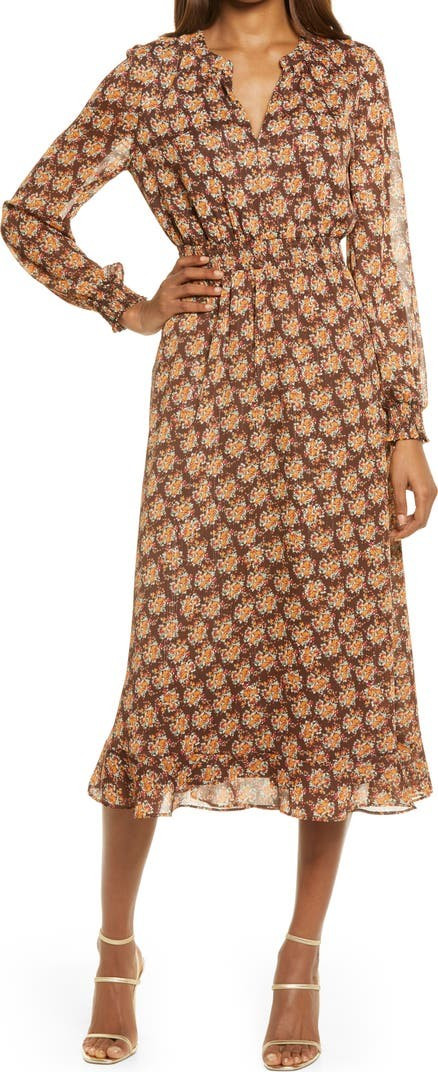 Floral Long Sleeve Chiffon Midi Dress | Nordstrom