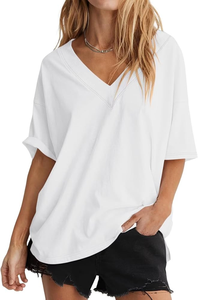 Womens Cotton Ribbed Trim V Neck T Shirts Oversized Short Sleeve Tees Trendy Loose Fit Tops Summe... | Amazon (US)