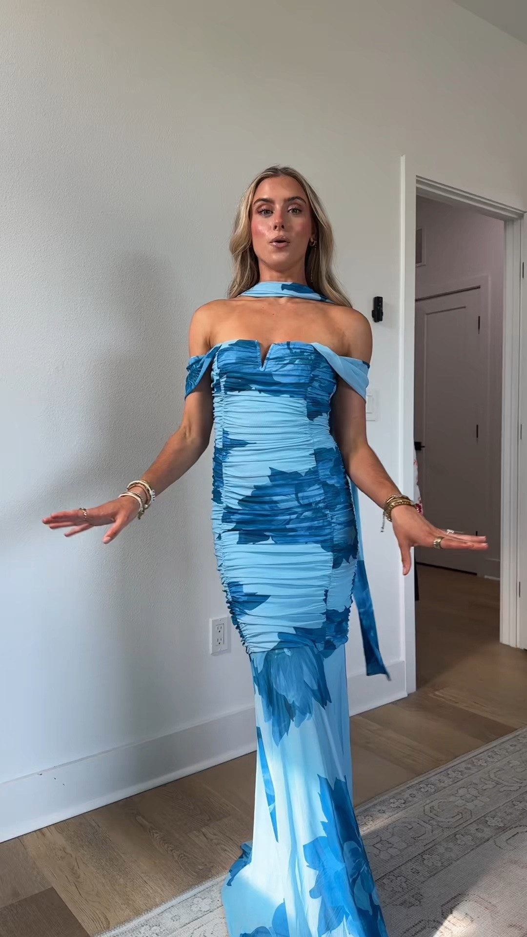 Baltic born dress size xs my code is SLOANE15. Baltic Born exclusive style
A striking option for destination weddings, formal events, and special occasions
Blue floral print on light blue floral print 
Mesh material
Off shoulder style with center V-notch
Silicone grip at neckline
Neck scarf
Zipper at back
Ruched bodice and hips for a flattering fit
Fitted through hips and flowy mermaid style hem
Maxi length

#LTKootd #LTKWedding #LTKSaleAlert