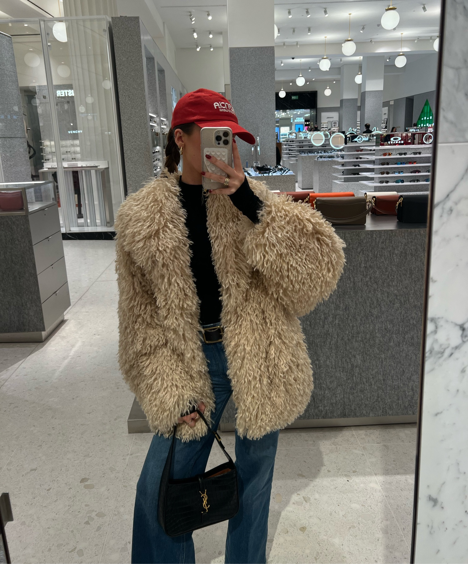 fur coat, winter outfit, red, red cap, jeans, denim 

#LTKeurope #LTKstyletip #LTKSeasonal