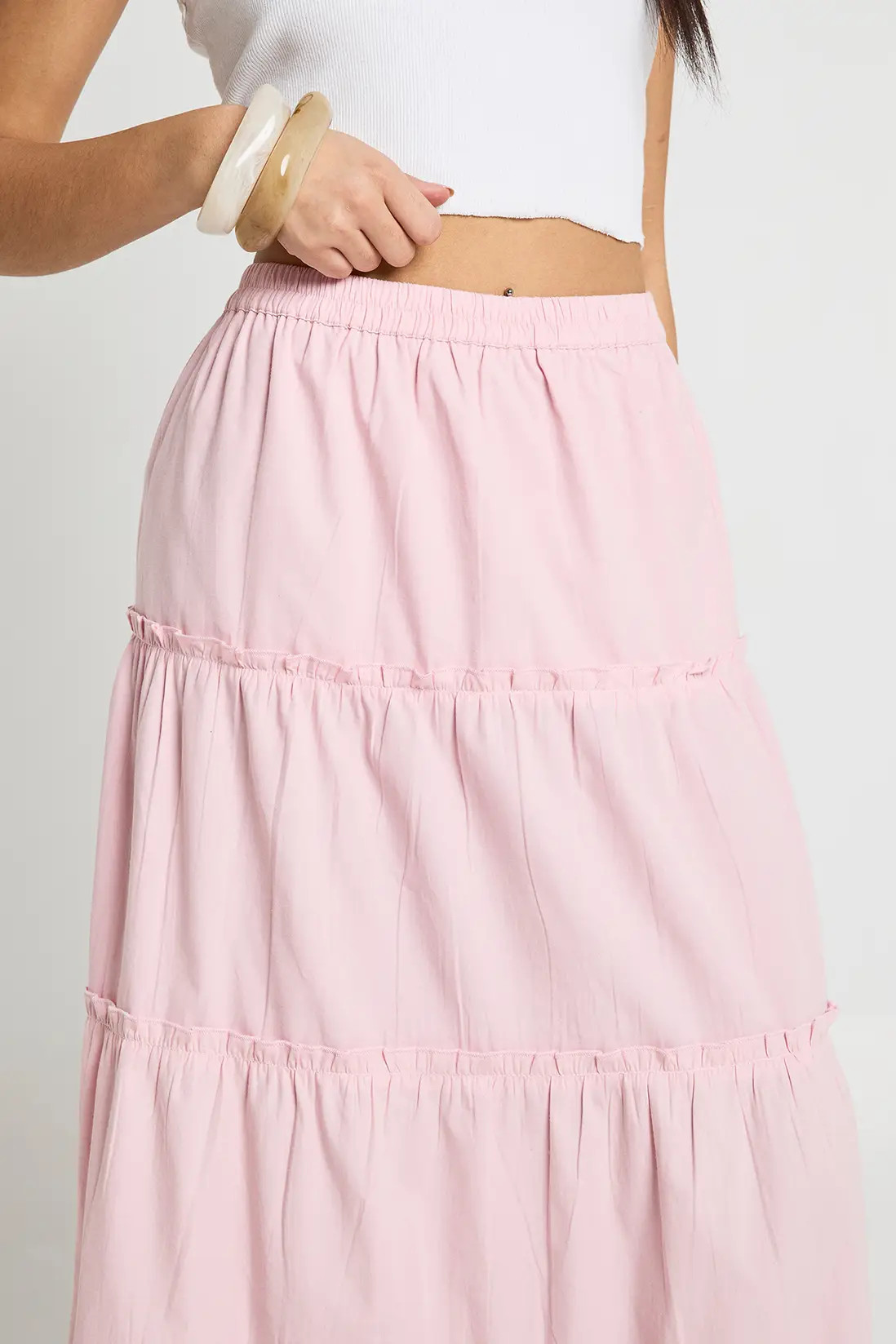 Pink Tiered Cotton Poplin Maxi Skirt | Boohoo USA | boohoo (US & Canada)