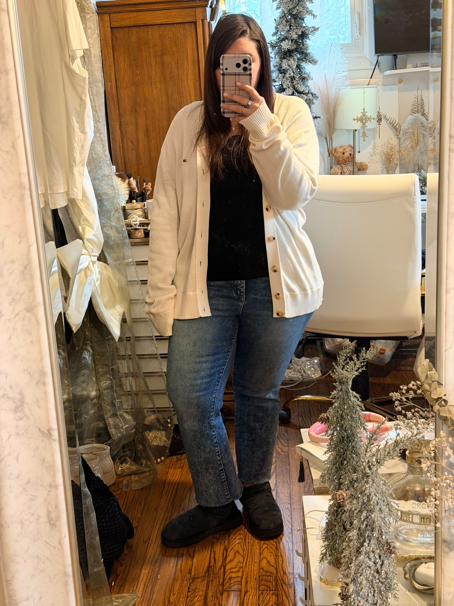 Today’s layered look. I’m in my Tommy Hilfiger era + apparently in my grandpa sweater era ha! These jeans are a fave. The length is great + the waist band is elastic yet not so they are super comfy 

#LTKMidsize #LTKSeasonal #LTKTravel