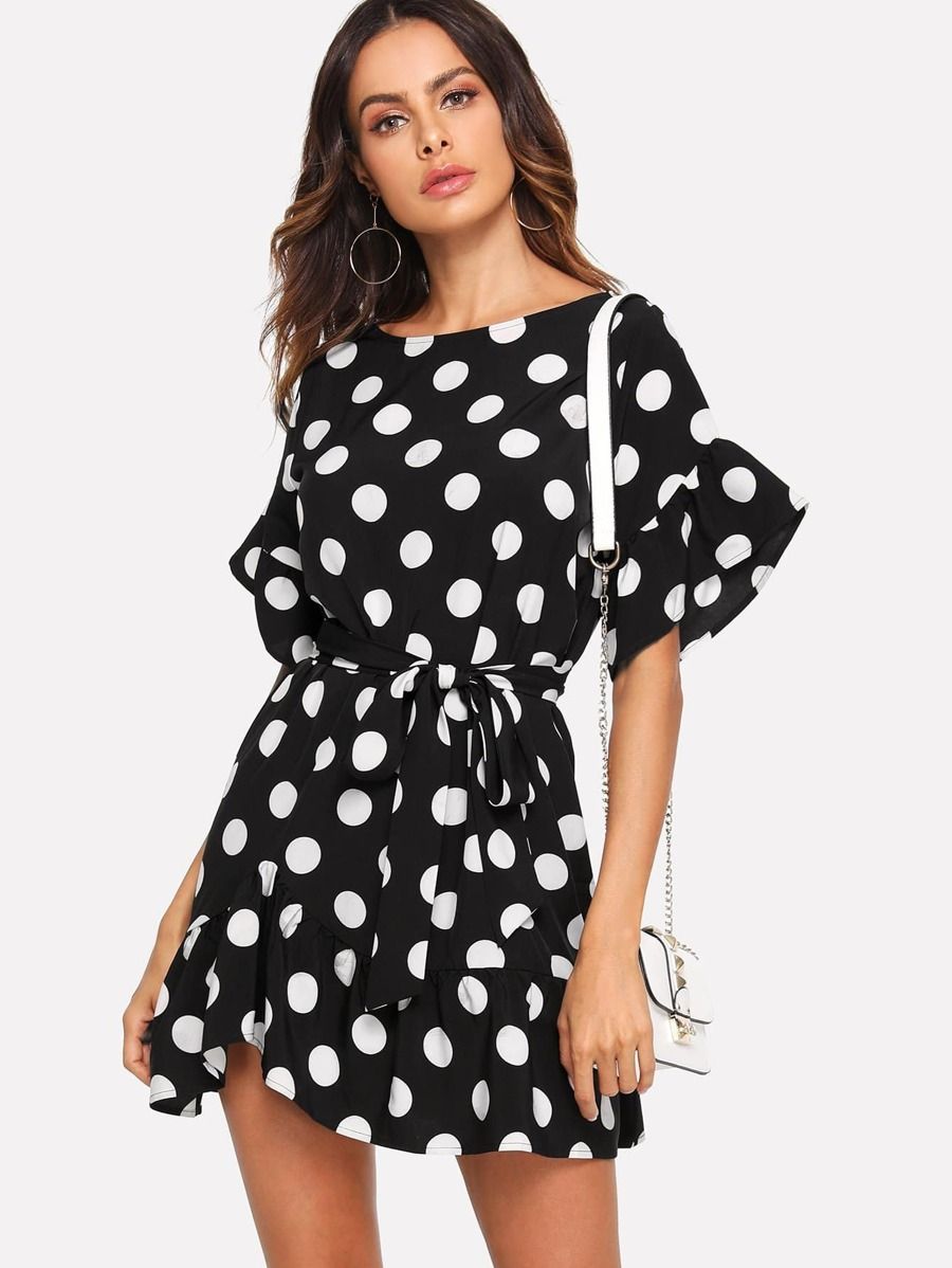 Polka Dot Self Belted Dress | SHEIN