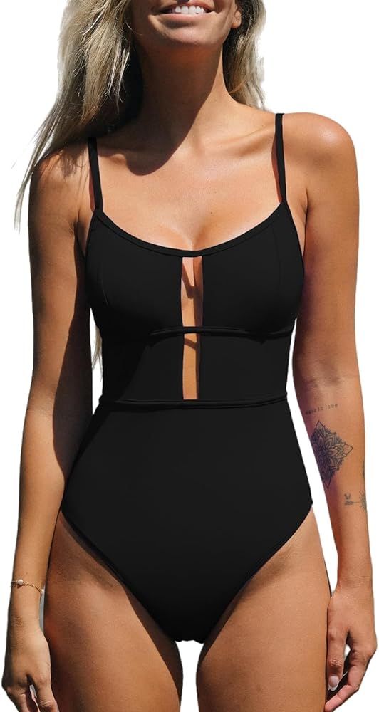 CUPSHE Women's One Piece Swimsuit Scoop Neck Adjustable Straps Cutout Back Self Tie Bathing Suit | Amazon (US)