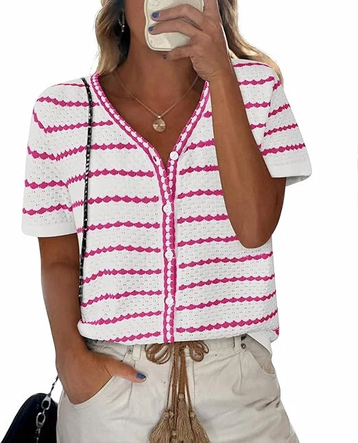 FreshPretty Women's Short Sleeve Sweater Spring Summer Crochet Knit Tops V Neck Striped Button Do... | Walmart (US)
