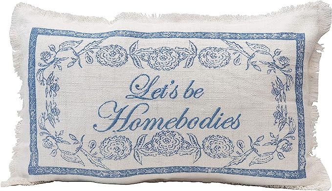 Amazon.com: Creative Co-Op Linen Blend Embroidered Lumbar Let's Be Homebodies, Cream Color & Blue... | Amazon (US)