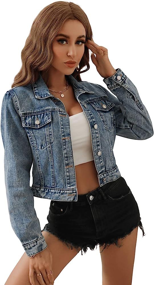SweatyRocks Women's Casual Basic Button Down Jean Jacket Long Sleeve Wash Denim Cropped Jackets O... | Amazon (US)