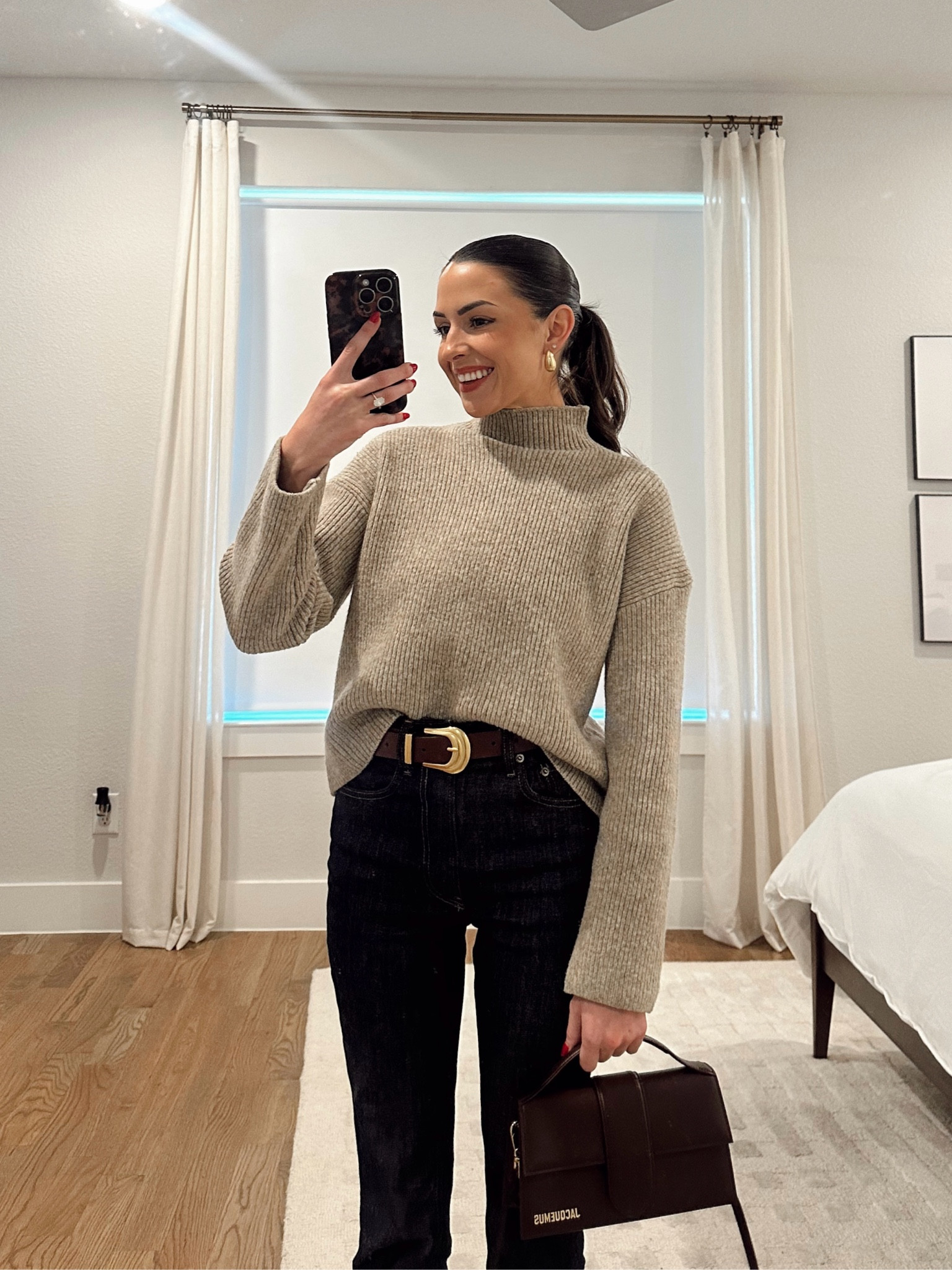 Neutral sweater, black jeans and boots outfit, brown belt, casual cold weather outfit   