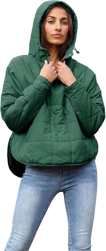 Women's Pullover Puffer Jacket Quilted Lightweight Dolman Sleeve Button Down Hooded Padded Coat w... | Amazon (US)