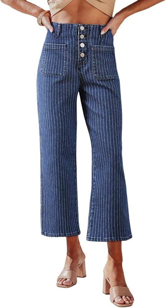 Sidefeel Women's Wide Leg Jeans High Waisted Zimbaplatinum Stretchy Straight Leg Jeans Buttoned L... | Amazon (US)
