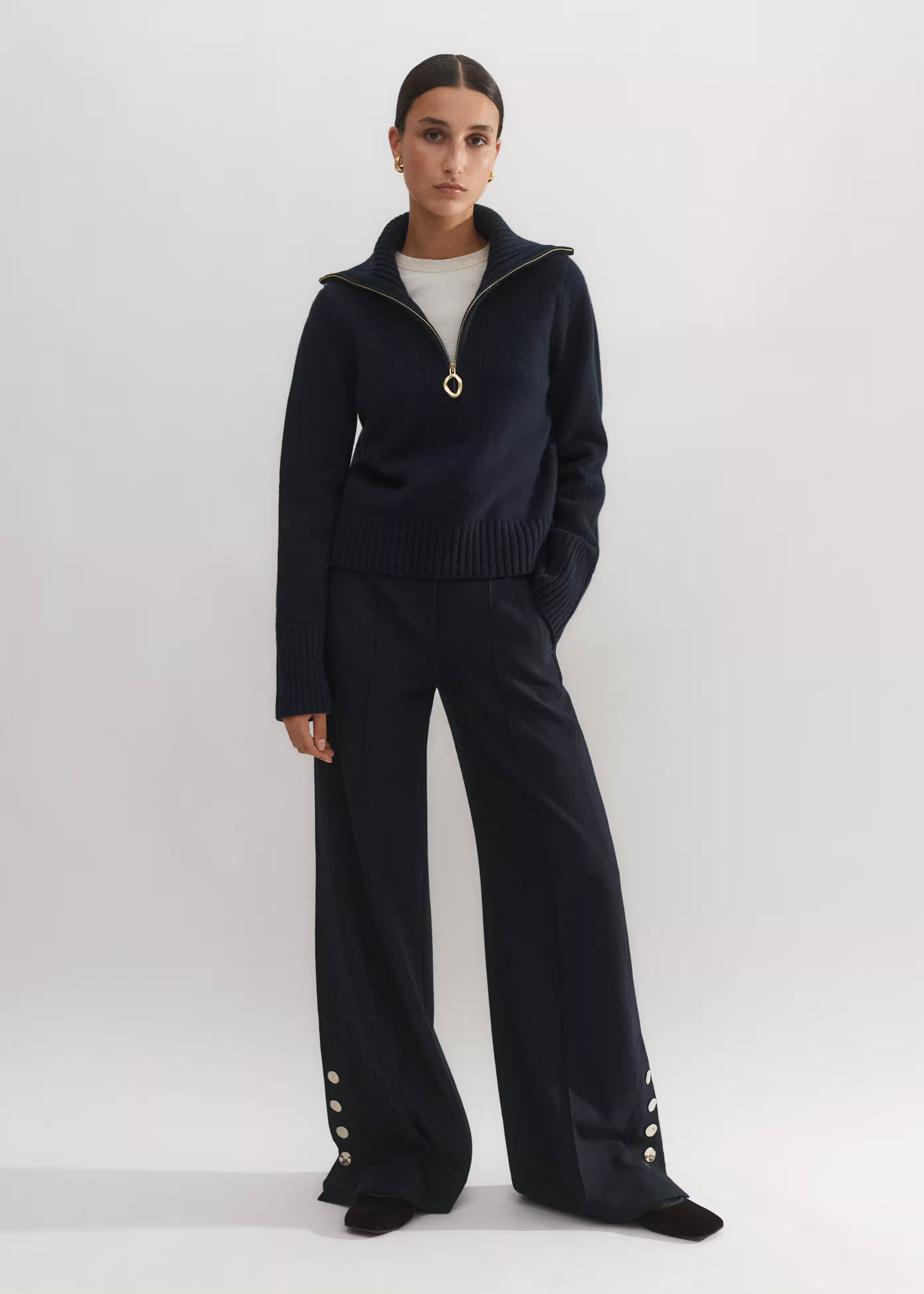 Women's Navy Statement Button Relaxed Tailored Pant | ME+EM | ME+EM Global (Excluding US)
