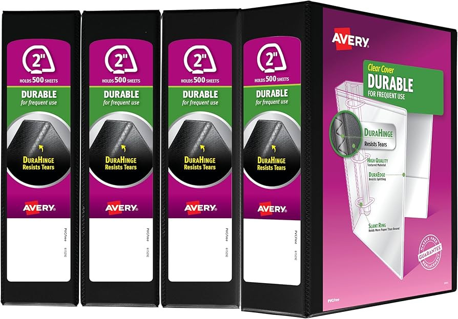 Avery Durable View 3 Ring Binder, 2 Inch Slant Rings, 4 Black Binders (17031) | Amazon (US)