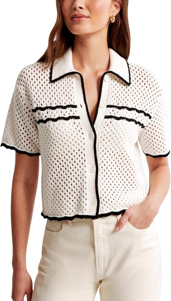 Womens Summer Short Sleeve Cardigan Sweaters Hollow Out Crochet Knit Tops | Amazon (US)