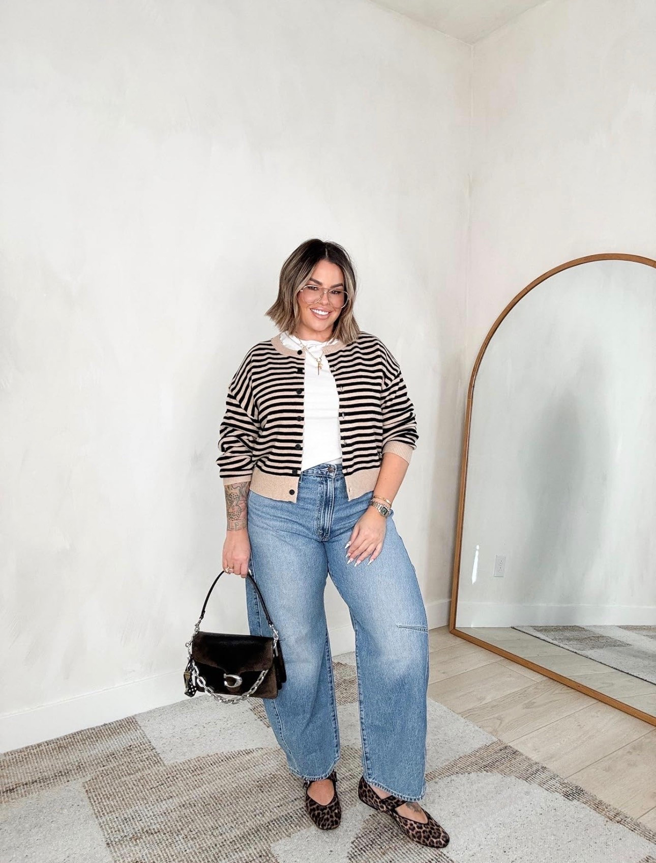 Fall outfit idea ( business casual ) 

Jeans size up at least one size if not 2. I have these in 2 sizes I’m typically a size 31 I am wearing a 33 here. 32 also fits me great as well 33 is a little more relaxed tho. 
Tee linked similar 
Sweater xl 
Bag sold out no link 
Flats linked similar