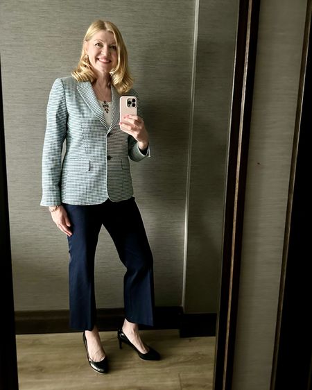 Work outfit. Jacquard blazer with navy trousers and navy patent court shoes. Over 40 work outfit. Over 50 work outfit  

#LTKworkwear #LTKover50style #LTKspring