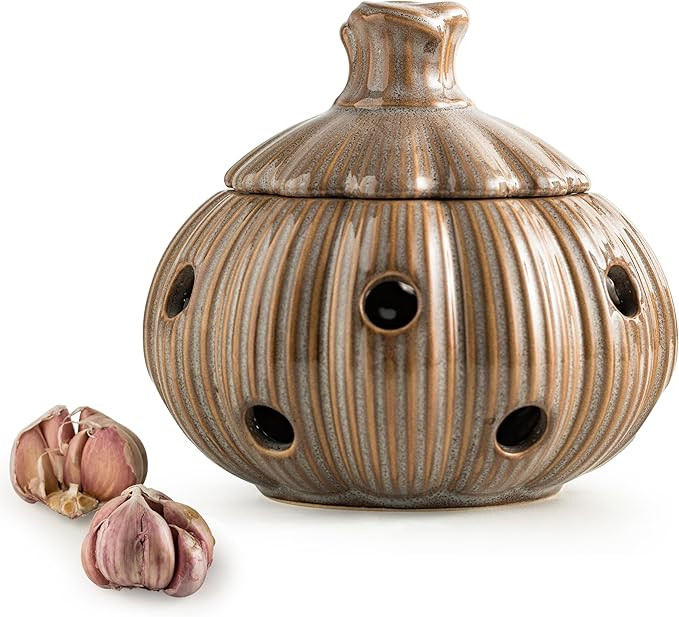 Ceramic Garlic Keeper with Lid and Holes Garlic Saver and Storage Framhouse Decor Keep Gralic Clo... | Amazon (US)
