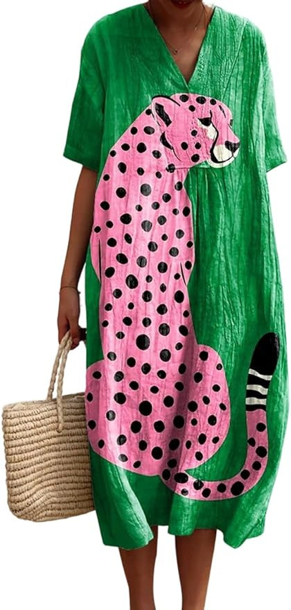 Women Summer V Neck Boho Print Maxi Dress Spring Casual Short Sleeve A Line Beach Vacation Long D... | Amazon (US)