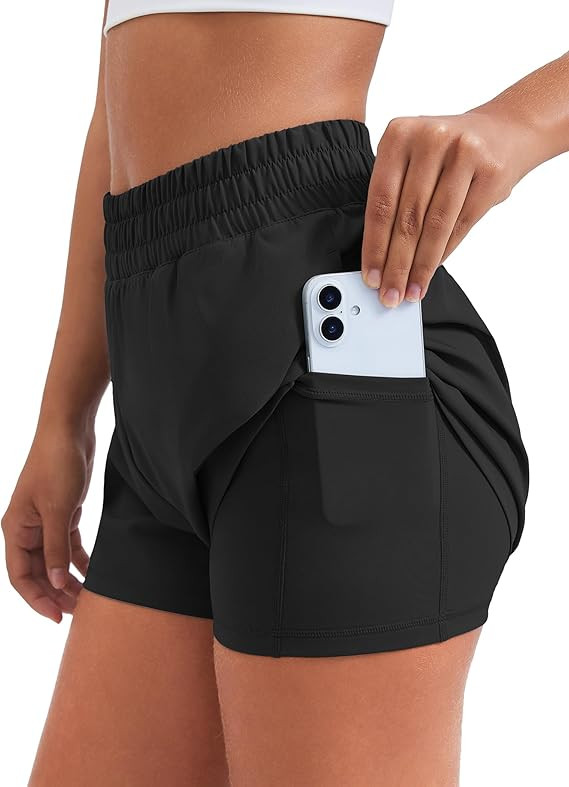 PINSPARK Women's 2 in 1 Running Shorts Quick Dry 3" Athletic Shorts High Waisted Workout Shorts w... | Amazon (US)