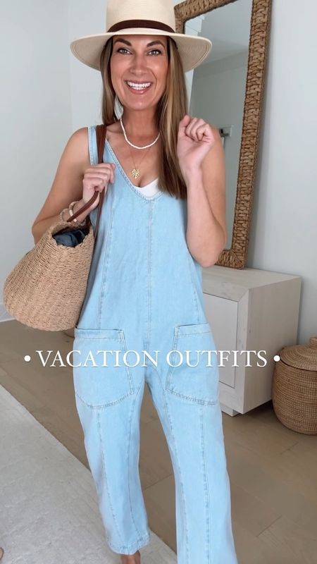 Vacation outfits!! I am 5’11” for reference.  

1. Xs tank. Xs jumpsuit. Sandals true to size. 

2. Sized up in the shorts one size to wear lower. 

3. Wearing size small.  

#LTKVideo #LTKover40 #LTKtravel