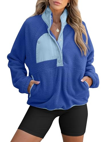 ANRABESS Women Fuzzy Fleece Pullover Sherpa Sweatshirt Long Sleeve Button Down Warm Soft Color Block Jackets with Pockets Blue Mixed Large | Amazon (US)