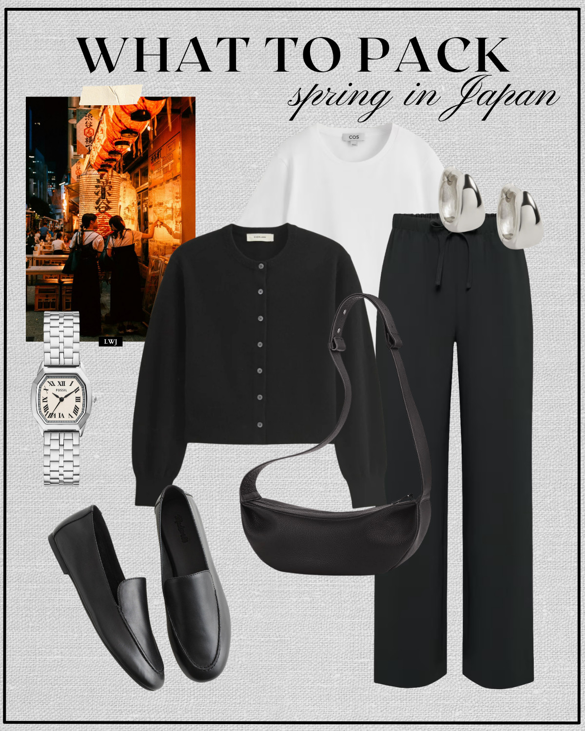 spring outfit inspo for japan

black cropped cardigan / tee / aritzia lodge pants / minimal loafers / silver watch / silver accessories / dinner outfit  

 

#LTKTravel