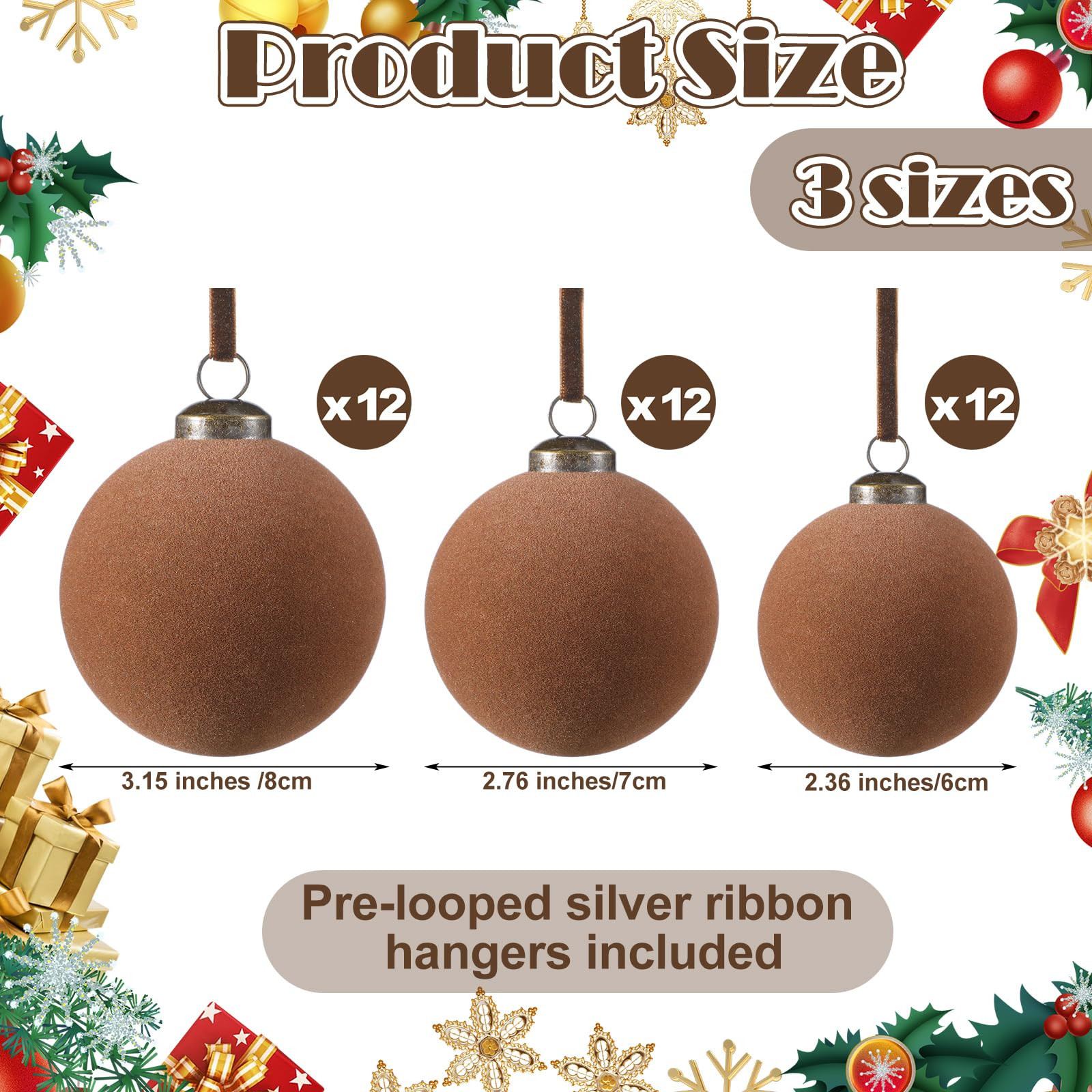 36 Pcs Brown Velvet Christmas Balls Bulk - 2.36", 2.76", 3.15" Flocked Christmas Tree Ball Orname... | Amazon (US)