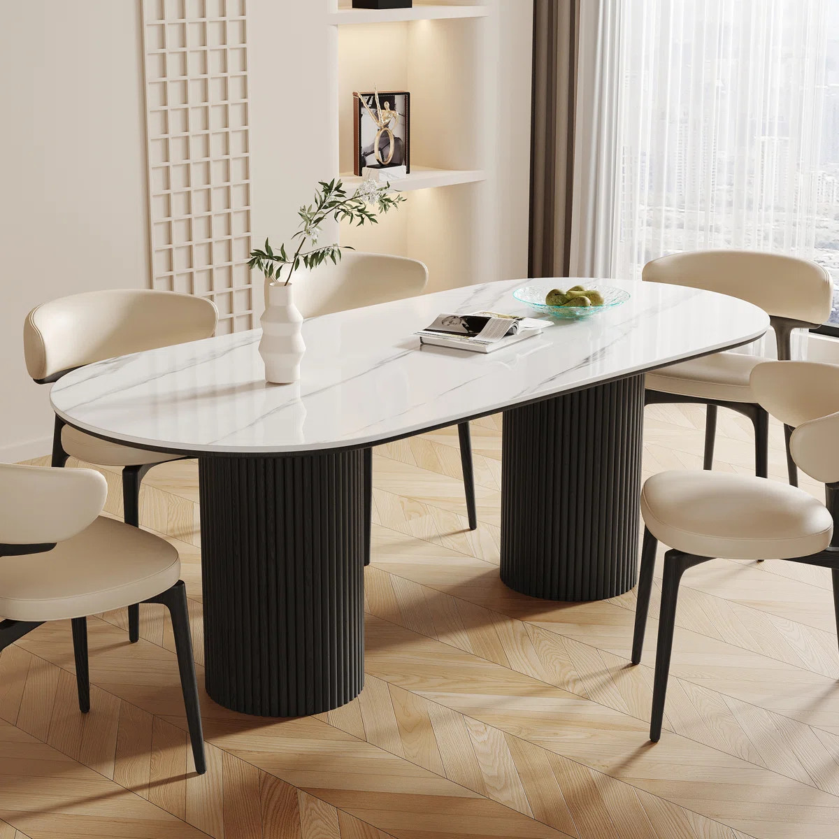 71" Mid Century Dining Table with Glossy Stone Tabletop, Rectangular  Kitchen Table with Solid Wo... | Wayfair North America