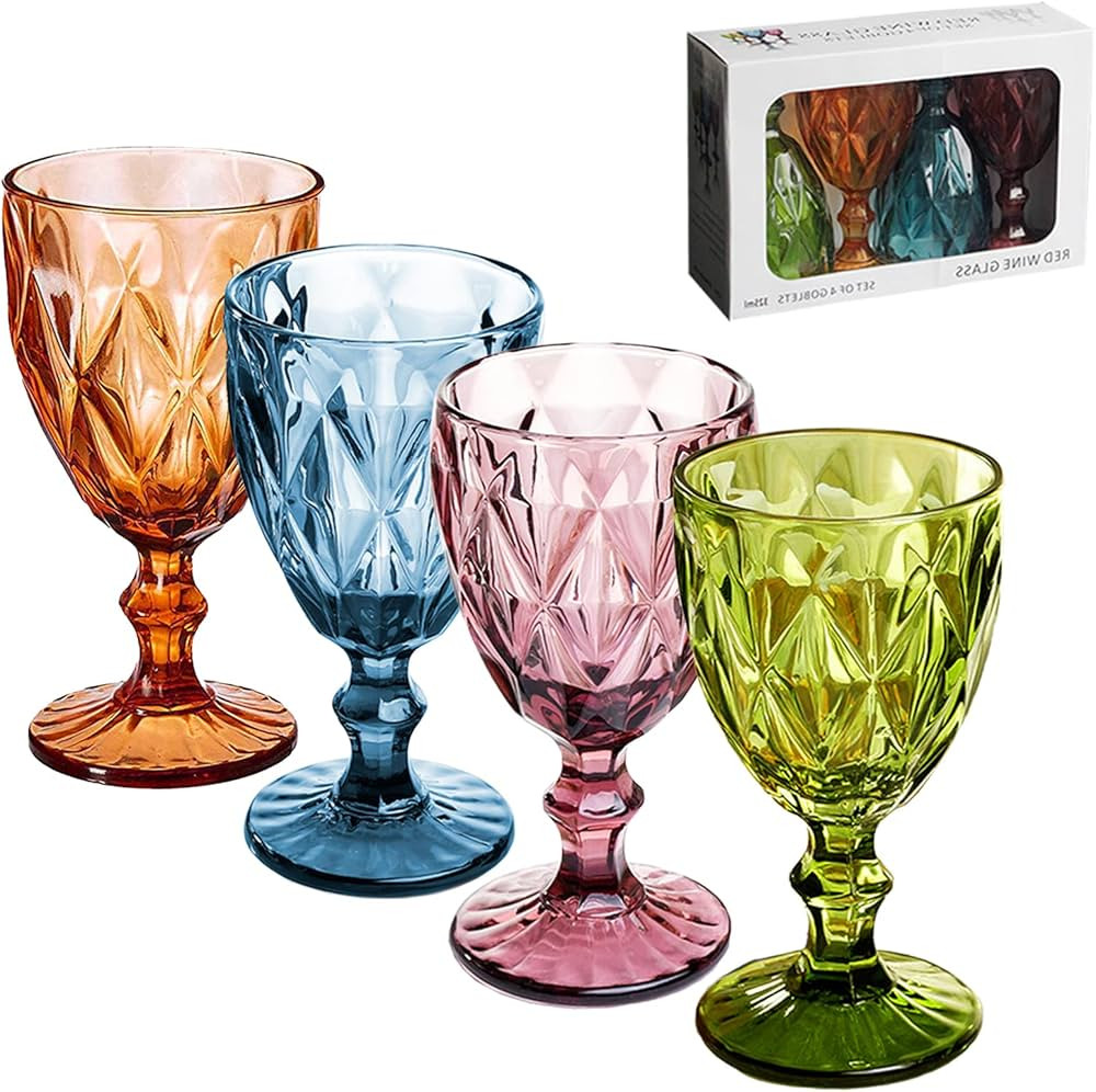 Vintage Wine Glasses Set of 4, Plastic Reusable 12 Ounce Colored Water Goblets, Unique Embossed P... | Amazon (US)