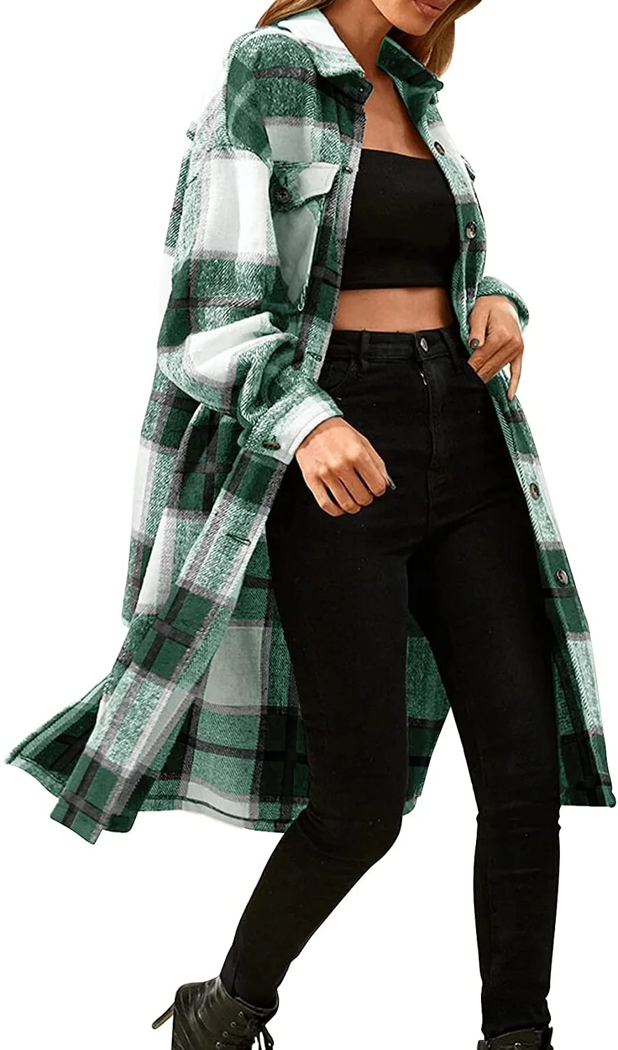 Womens Flannel Plaid Long Shirt Jacket Button Down Long Sleeve Shacket Coat Fall Vintage Outwear | Walmart (US)