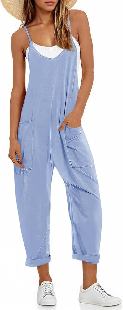 Fisoew Women's Summer Sleeveless Loose Casual V Neck Jumpsuits Spaghetti Strap Long Pants Baggy O... | Amazon (US)