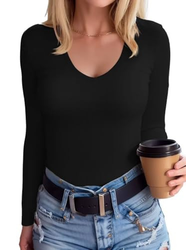 SANDERY Women's Casual Basic V Neck Long Sleeve Shirts Ribbed Slim Fitted Cute Tops Black XL | Amazon (US)